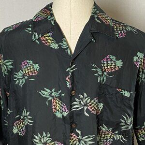 Silk Icon Mens 100% Silk Shirt Sz L Black Multi Hawaiian Pineapple Print Button